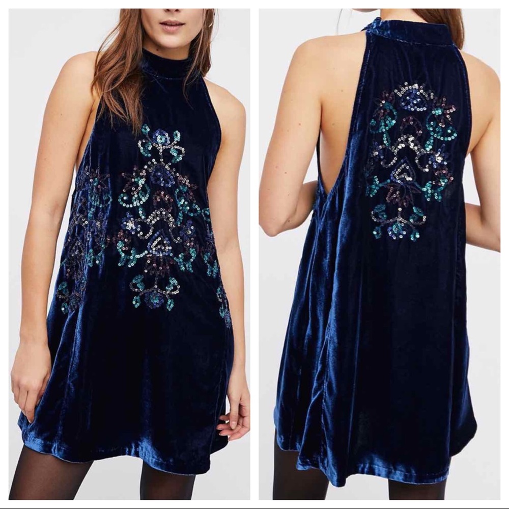 NWT Free People Jills Sequin Swing Dress Velvet XS Midnight Blue